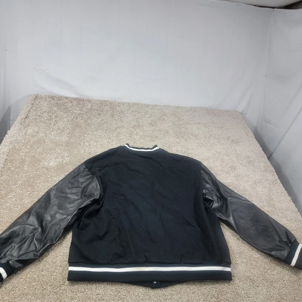 SHEIN Baseball Jacket‎ Varsity Style Graphic Print Black Faux Leather L